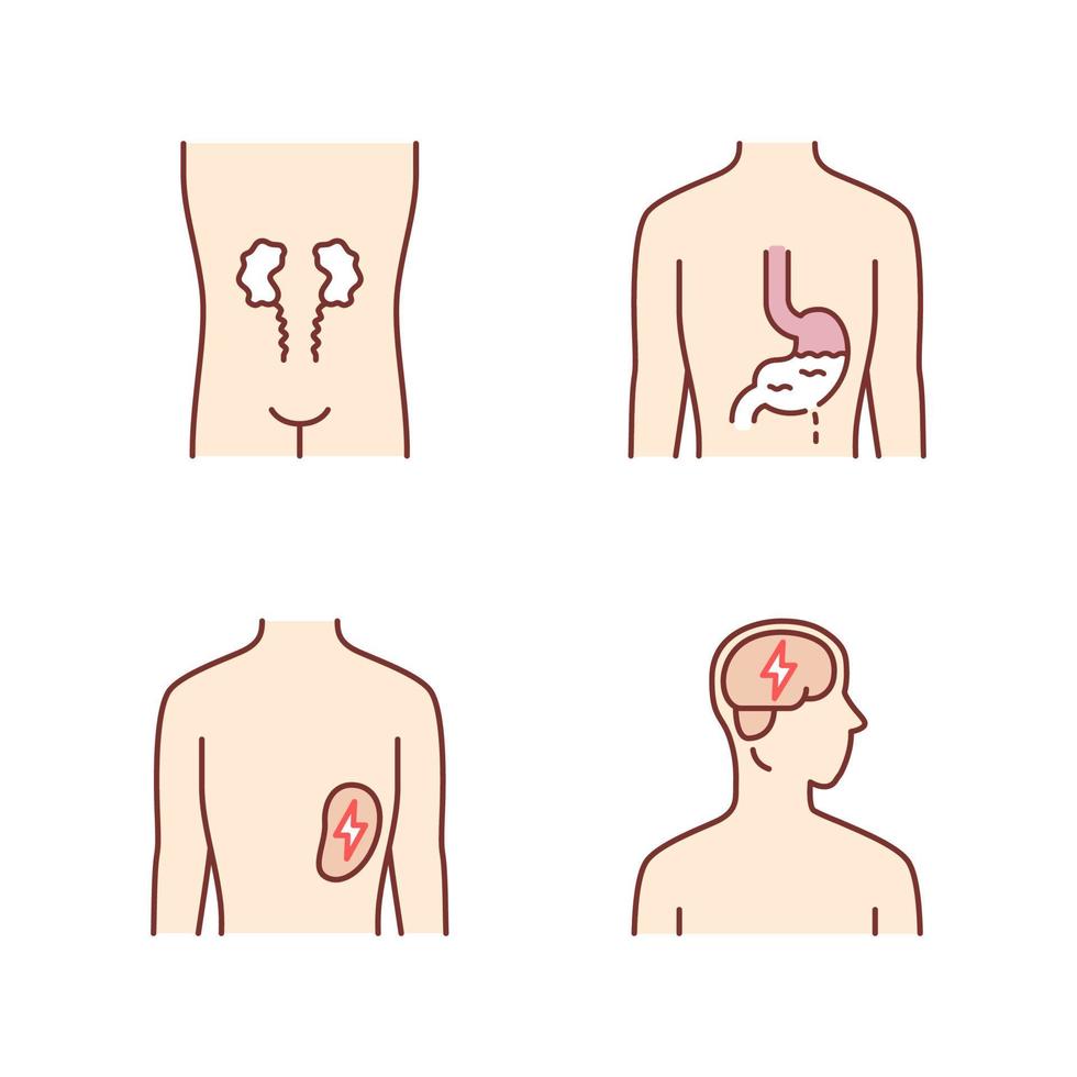 zieke menselijke organen kleur pictogrammen instellen. pijnlijke nieren en milt. pijnlijke maag. ongezond brein. zieke interne lichaamsdelen. geïsoleerde vectorillustraties vector