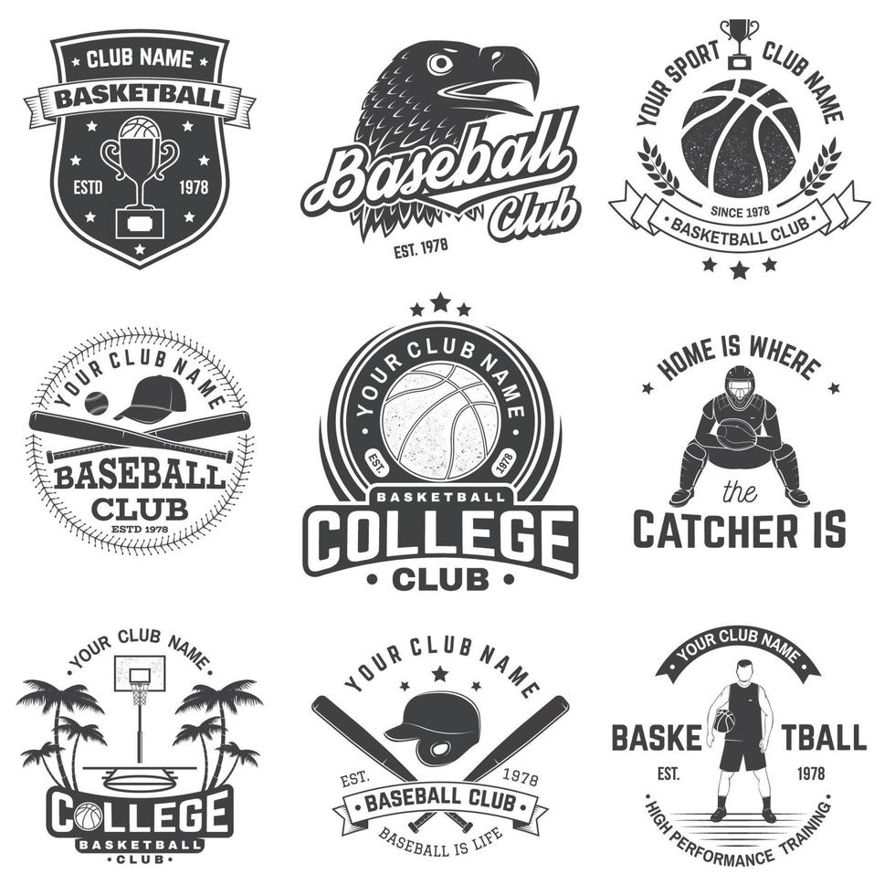 set van basketbal en honkbal badge, embleem. vector. concept voor shirt, print, stempel, kleding of tee. vintage design met basketbalspeler, honkbalspeler en sportuitrusting silhouet. vector