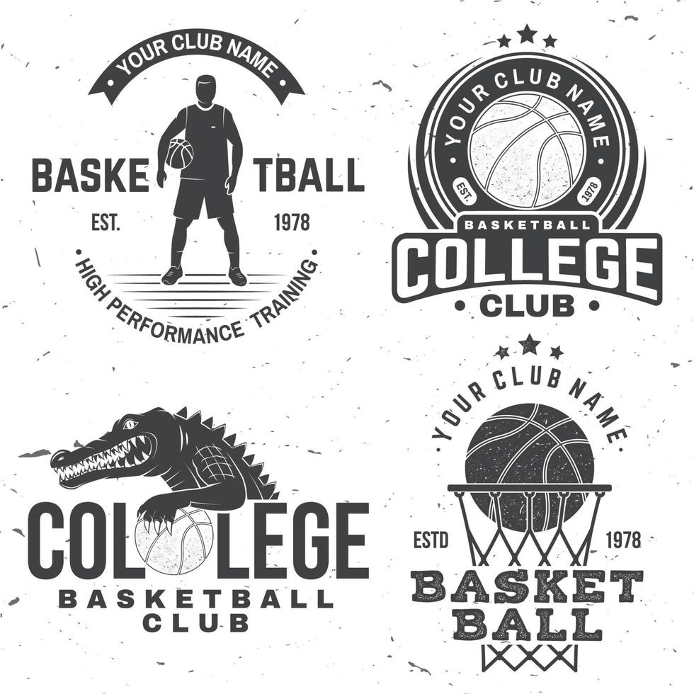 set basketbal college club badge. vector. concept voor shirt, print, stempel of tee. vintage typografieontwerp met krokodil en basketbalbalsilhouet. vector
