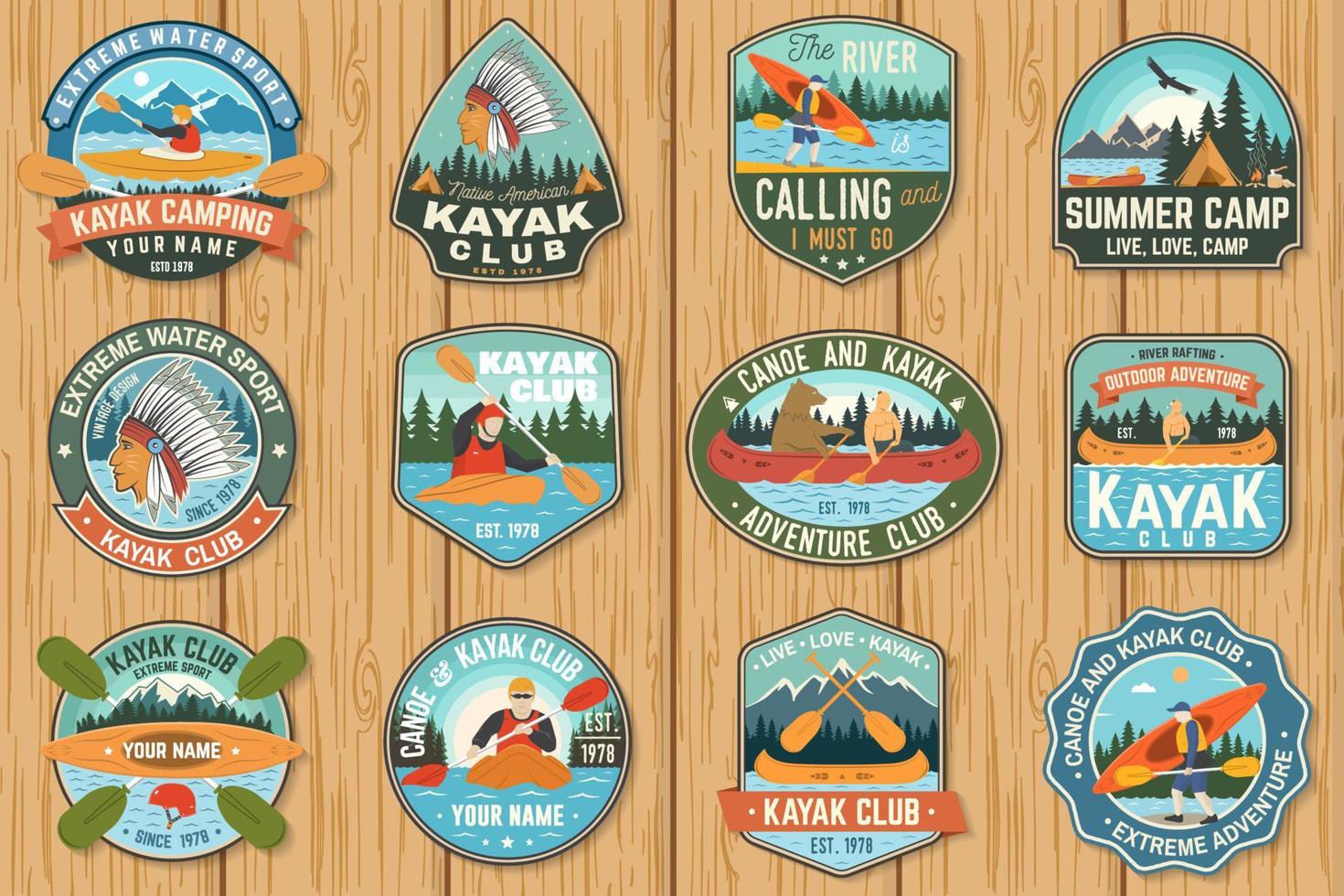 set kano en kajak club badges vector. concept voor patch, shirt, print of tee. vintage design met silhouet van bergen, rivieren, indianen en kajakkers. extreme watersport kajak patches vector