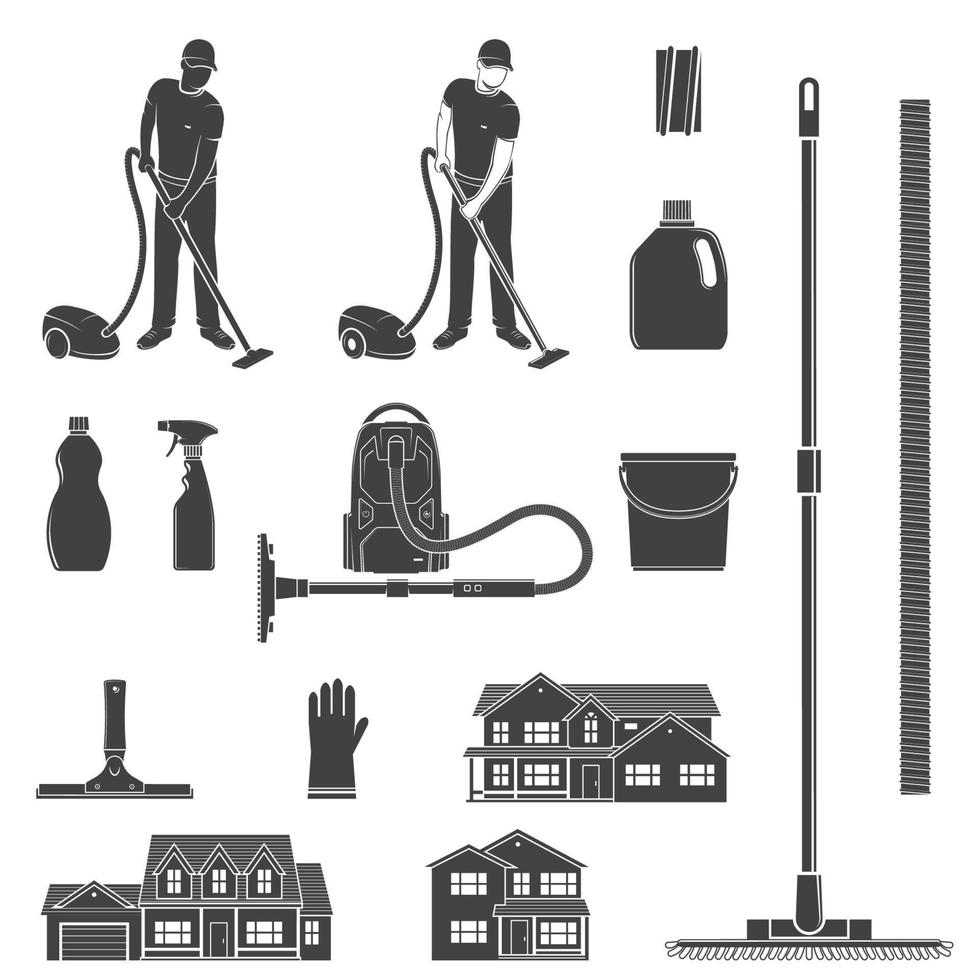 schoonmaak pictogram silhouet voor emblemen en labels. set omvat man met vocuumreiniger, uitrusting, huizen. vectorillustratie. vector