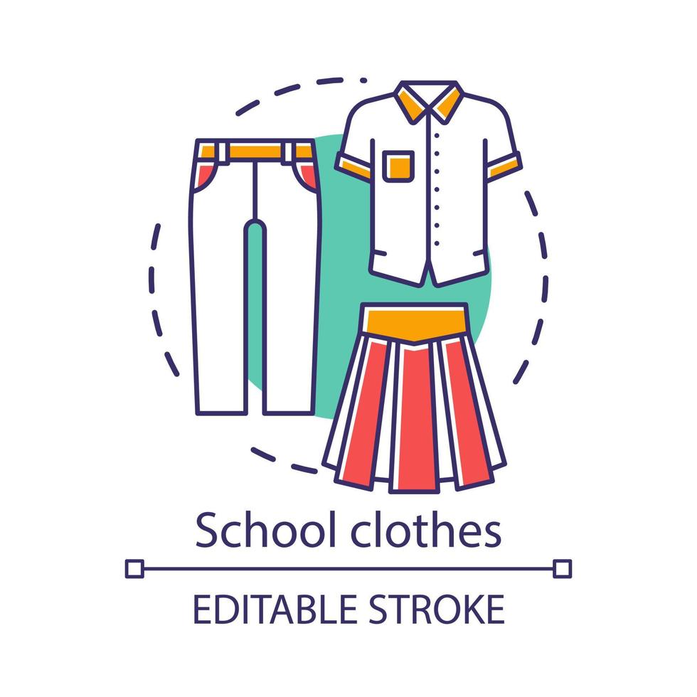 schoolkleren, uniform concept icoon. student officiële mode idee dunne lijn illustratie. formele kleding voor mannen en vrouwen. t-shirt, broek en lange rok vector geïsoleerde overzichtstekening. bewerkbare streek