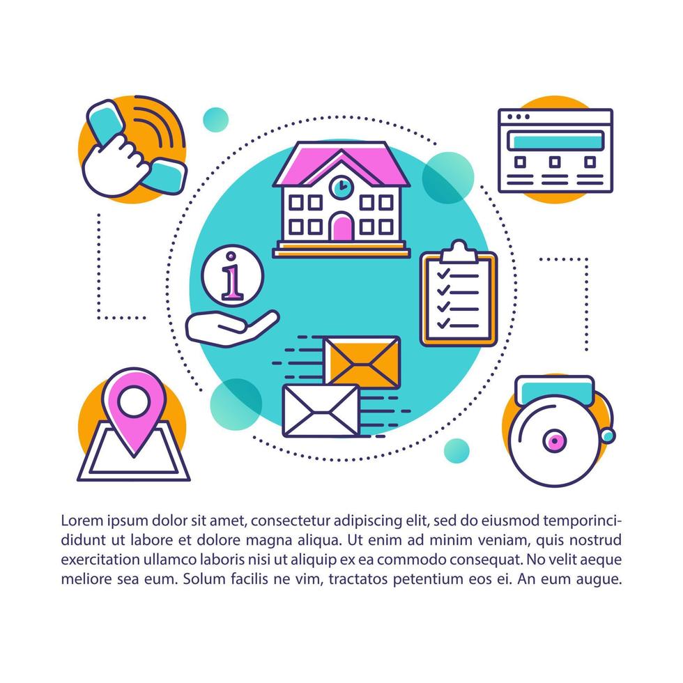 onderwijssysteem artikel pagina vector sjabloon. toelating tot de universiteit. brochure, tijdschrift, boekje ontwerpelement met lineaire pictogrammen en tekstvakken. print ontwerp. conceptillustraties met tekstruimte..