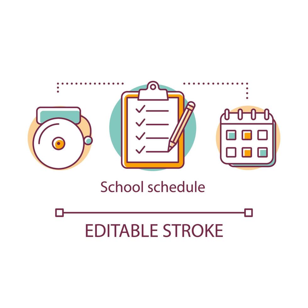 school schema concept icoon. planning lessen, klassen in educatieve kalender. curriculum, tijdschema, alarmbel dunne lijn illustratie. vector geïsoleerde overzichtstekening. bewerkbare..