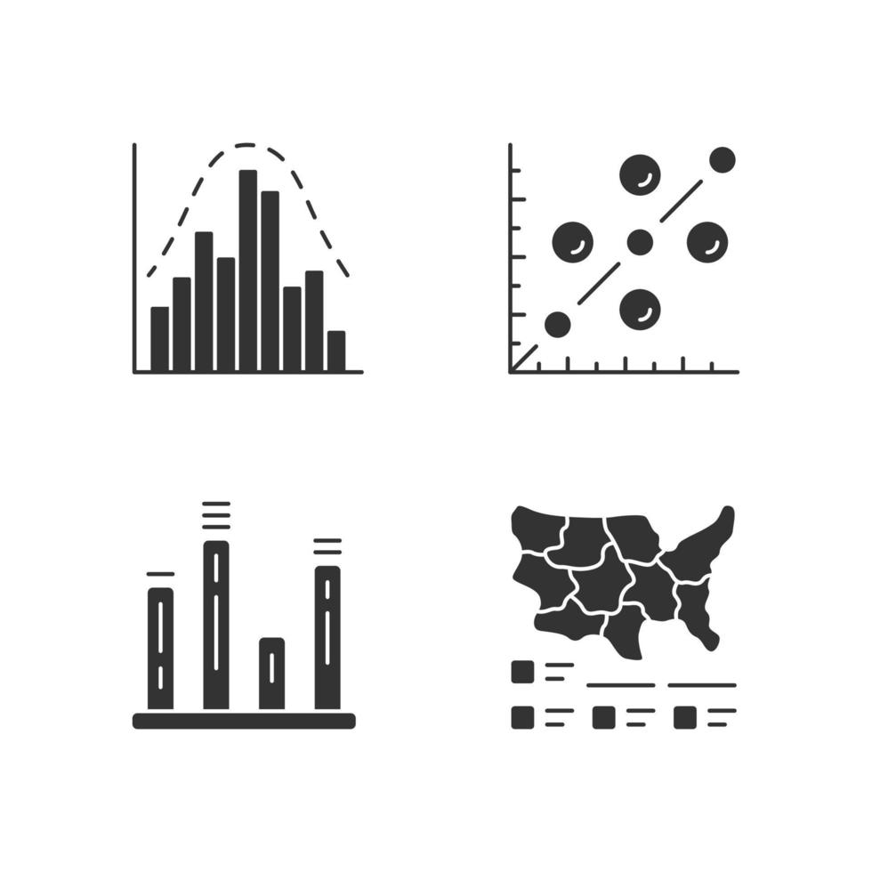 diagrammen glyph pictogrammen instellen. histogram, staafdiagram, spreidingsplot, cartogram. statistieken data visualisatie. vergelijkingen tussen afzonderlijke categorieën. silhouet symbolen. vector geïsoleerde illustratie