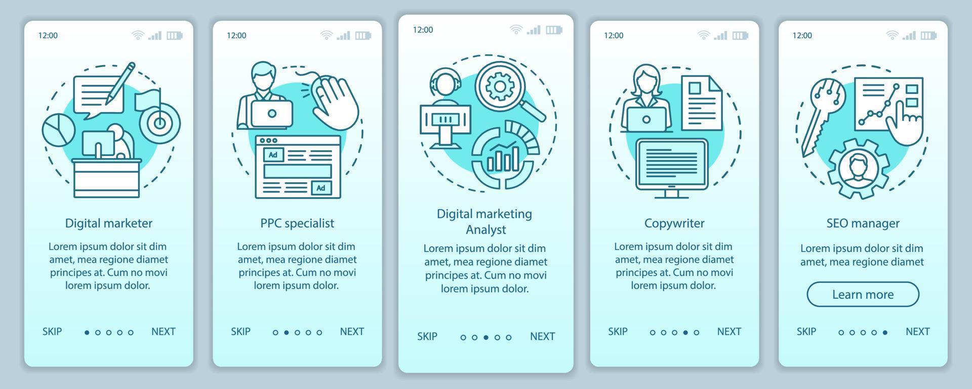 digitale marketingspecialiteiten turquoise onboarding mobiele app-paginascherm met lineaire concepten. seo manager walkthrough stappen grafische instructies. ux, ui, gui vectorsjabloon met illustraties vector