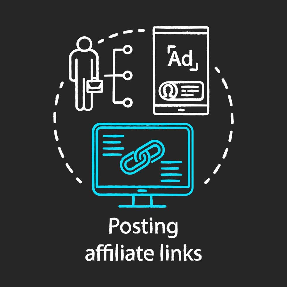 het plaatsen van affiliate links krijt concept icoon. affiliate, verwijzingsmarketingidee. productpromotie en aanbeveling. inhoud delen, influencer-advertenties. vector geïsoleerde schoolbordillustratie