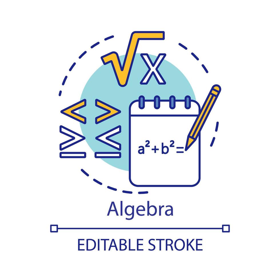 algebra concept icoon. algebraïsche vergelijkingen, meer en minder teken. geavanceerde berekeningen, geavanceerde algebra-idee dunne lijnillustratie leren. vector geïsoleerde overzichtstekening. bewerkbare streek