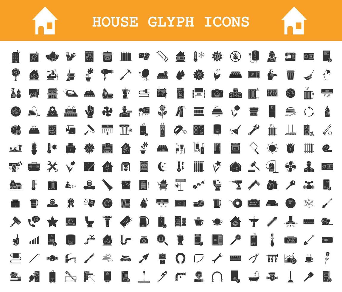 huis glyph pictogrammen grote reeks. loodgieterswerk, bouwhulpmiddelen. schoonmaakservice, huishoudelijk werk. onroerend goed. huishoudelijke apparaten en meubels. silhouet symbolen. vector geïsoleerde illustratie