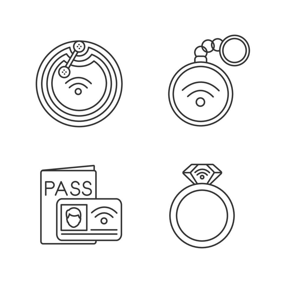 nfc-technologie lineaire pictogrammen instellen. near field chip, snuisterij, identificatiesysteem, ring. dunne lijn contour symbolen. geïsoleerde vectoroverzichtsillustraties. bewerkbare streek vector