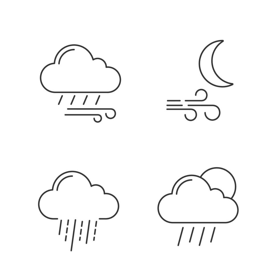 weersvoorspelling lineaire pictogrammen instellen. winderig regenachtig weer, wind 's nachts, zware regen, verspreide bui. dunne lijn contour symbolen. geïsoleerde vectoroverzichtsillustraties. bewerkbare streek vector