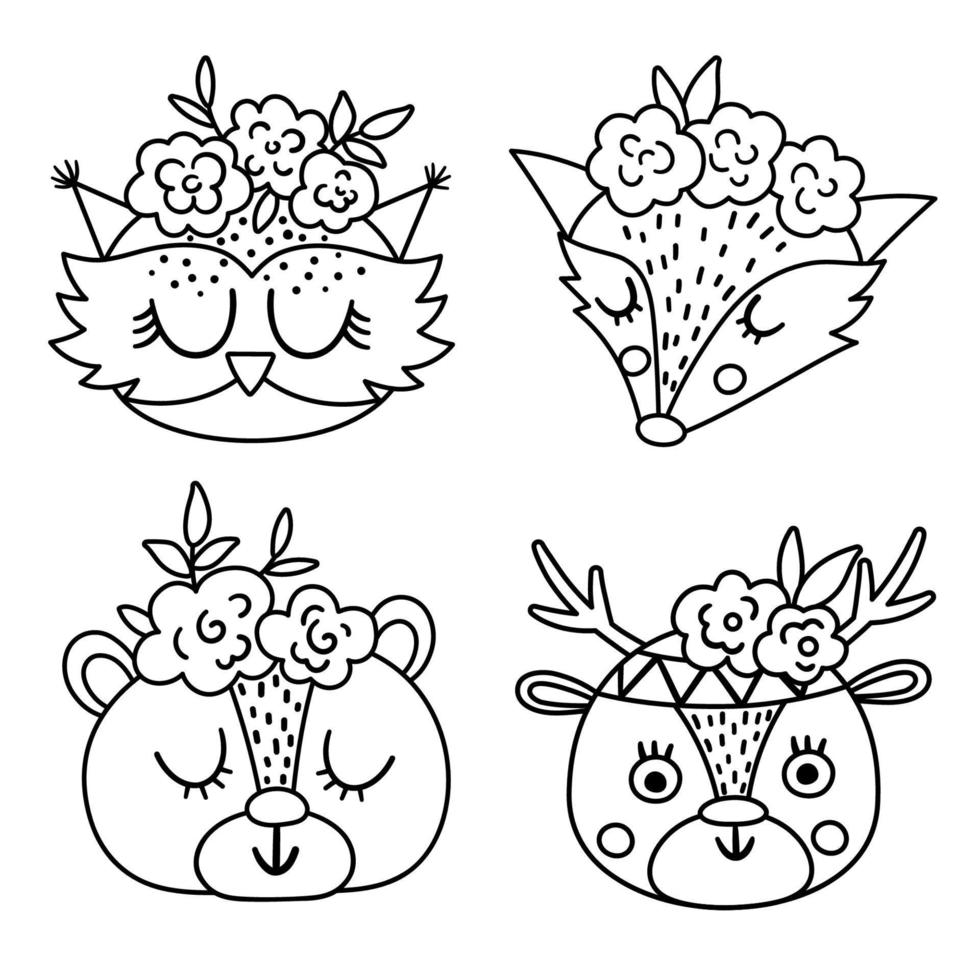 set van vector schattige wilde dieren zwart-wit gezichten met bloemen op hun hoofd. boho bos avatars collectie. grappige lijnillustratie van uil, beer, hert, vos voor kinderen. bos iconen pakket