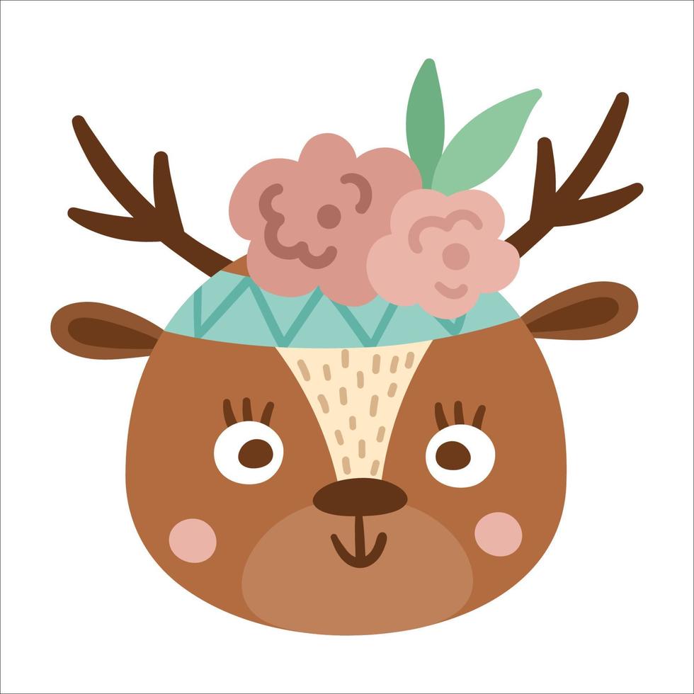 vector schattig wild dier gezicht met bloemen op het hoofd. boho bos avatar. grappige hertenillustratie voor kinderen. bos pictogram geïsoleerd op een witte achtergrond.