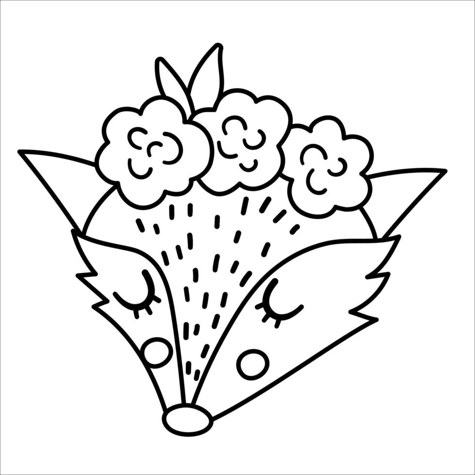 vector zwart-wit schattig wild dier gezicht met bloemen op het hoofd en gesloten ogen. boho bos avatar. grappige vosillustratie voor kinderen. bos lijn pictogram geïsoleerd op een witte achtergrond.