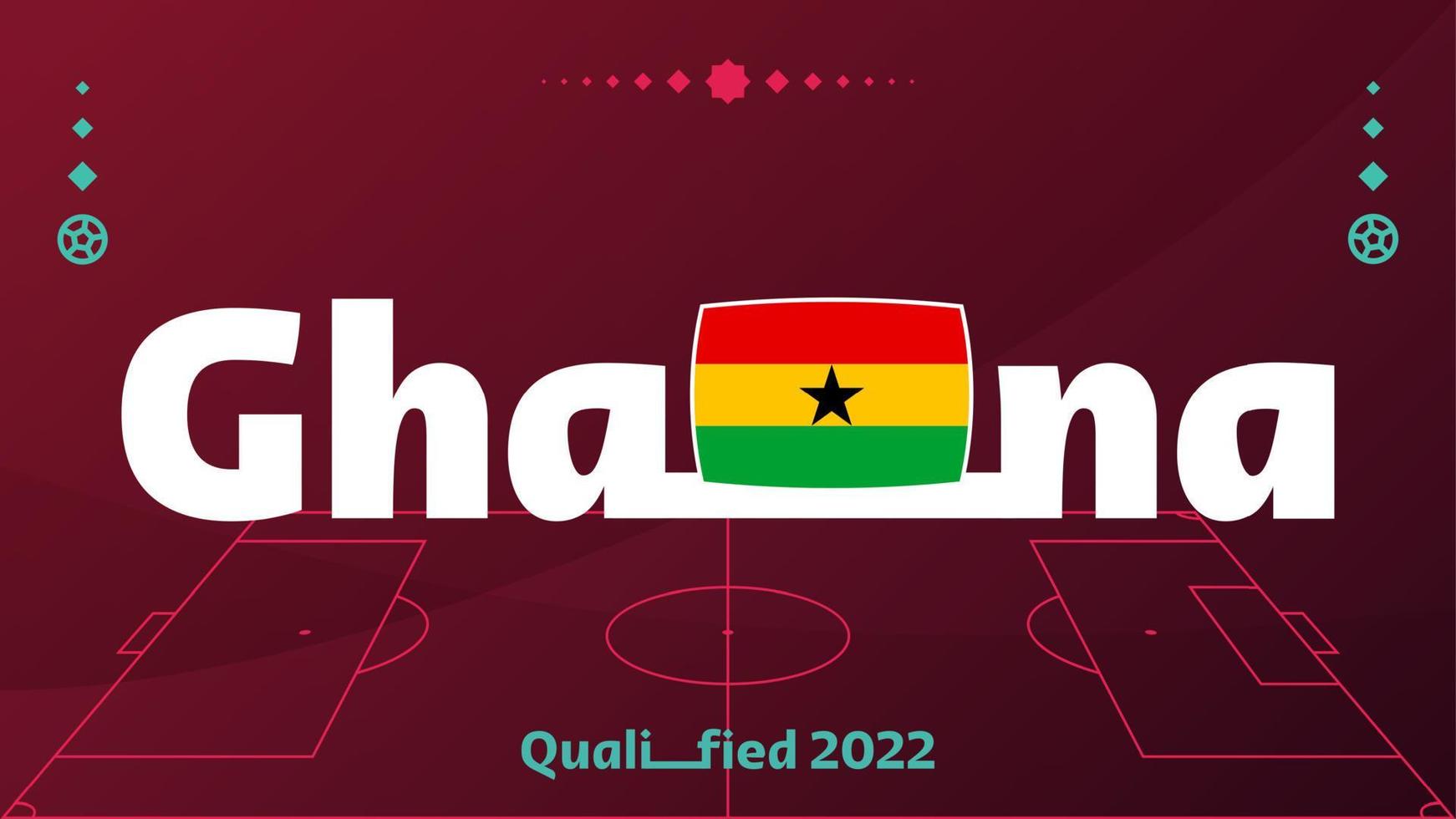 Ghana vlag en tekst op 2022 voetbaltoernooi achtergrond. vector illustratie voetbal patroon voor banner, kaart, website. nationale vlag ghana