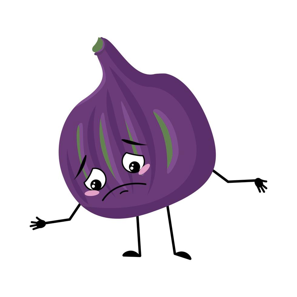 vijgenkarakter met droevige emoties, depressief gezicht, neerwaartse ogen, armen en benen. persoon met melancholische uitdrukking, violet fruit emoticon. platte vectorillustratie vector