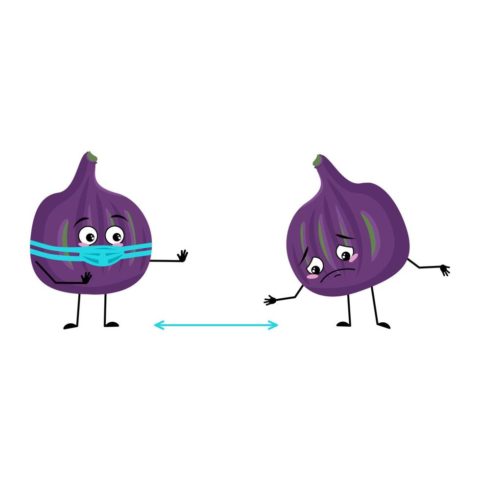 vijgenkarakter met gezicht in medisch masker houd afstand, armen en benen. persoon met zorg expressie, violet fruit emoticon. platte vectorillustratie vector