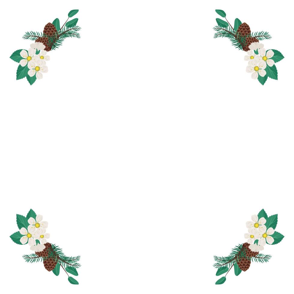 frame van kersen of appel witte bloemen met vuren naalden en kegels. lentebloeiende compositie of frame met bladeren. feestelijke decoratie voor bruiloft, vakantie en ansichtkaart. platte vectorillustratie vector