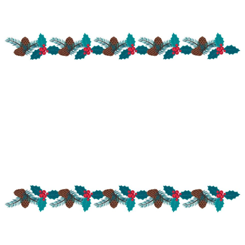 kerstframe van blauwe sparren takken met kegels, bladeren en hulstbessen. feestelijke decoratie voor het nieuwe jaar en interieur. platte vectorillustratie vector