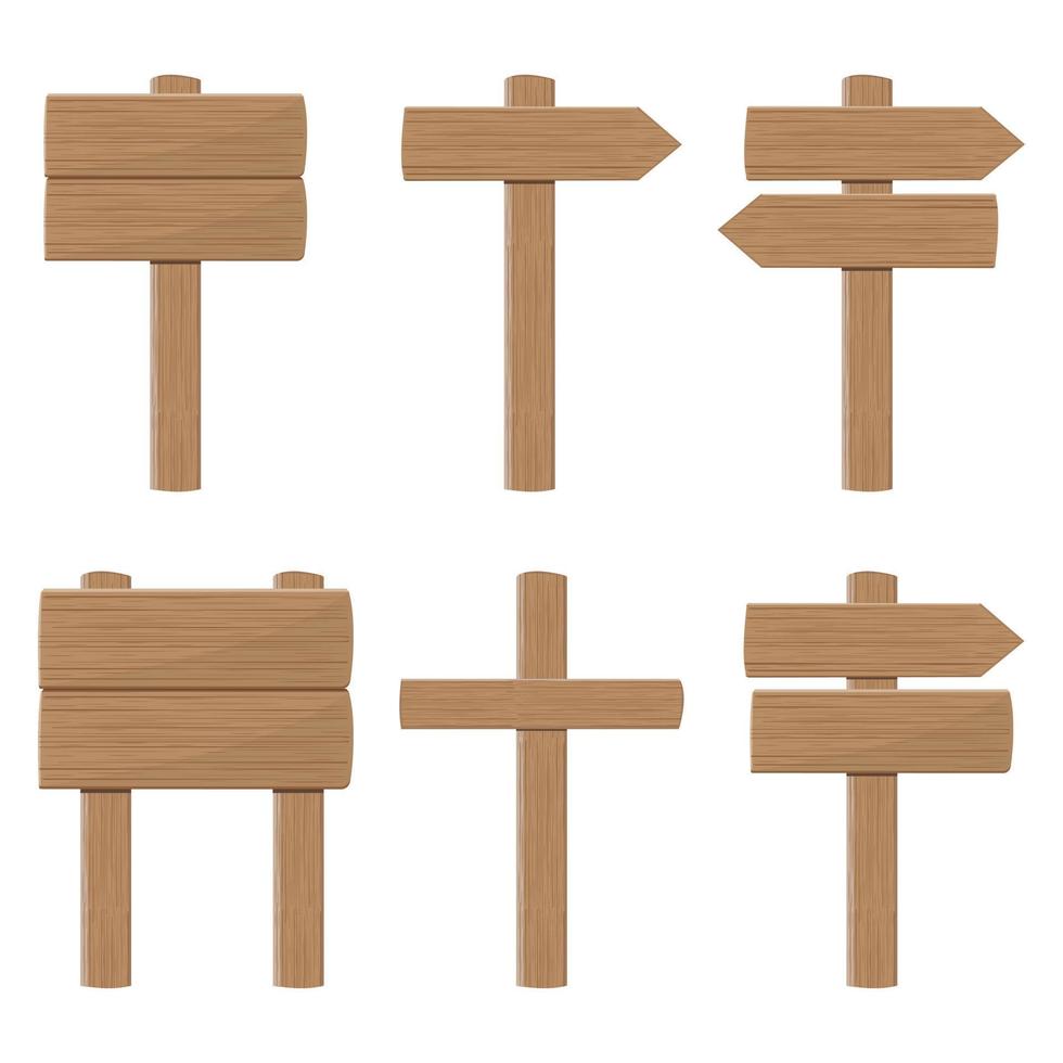 een set houten borden en richtingspijlen. lege reclameborden gemaakt van hout, kleur cartoon vectorillustratie vector