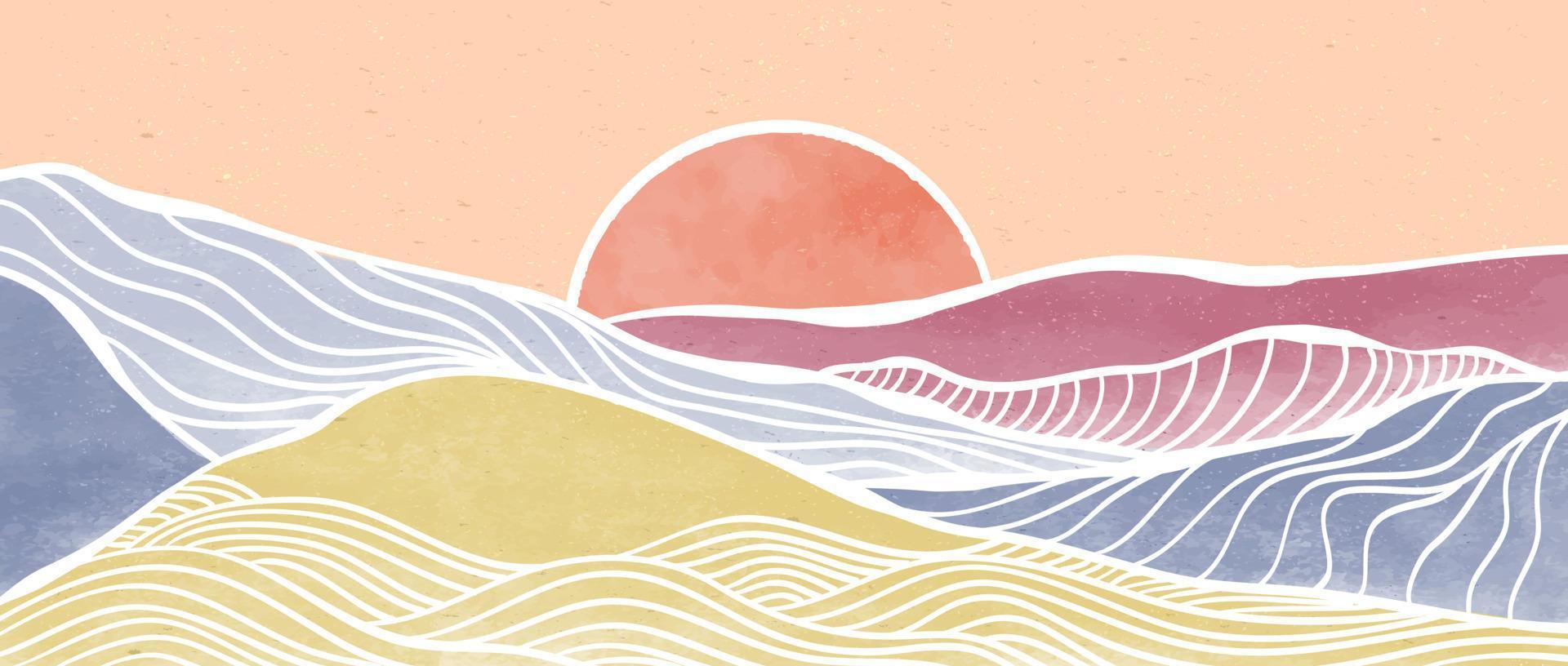 creatieve minimalistische moderne verf en line art print. abstracte oceaangolf en berg hedendaagse esthetische achtergronden landschappen. met zee, skyline, golf. vectorillustraties vector