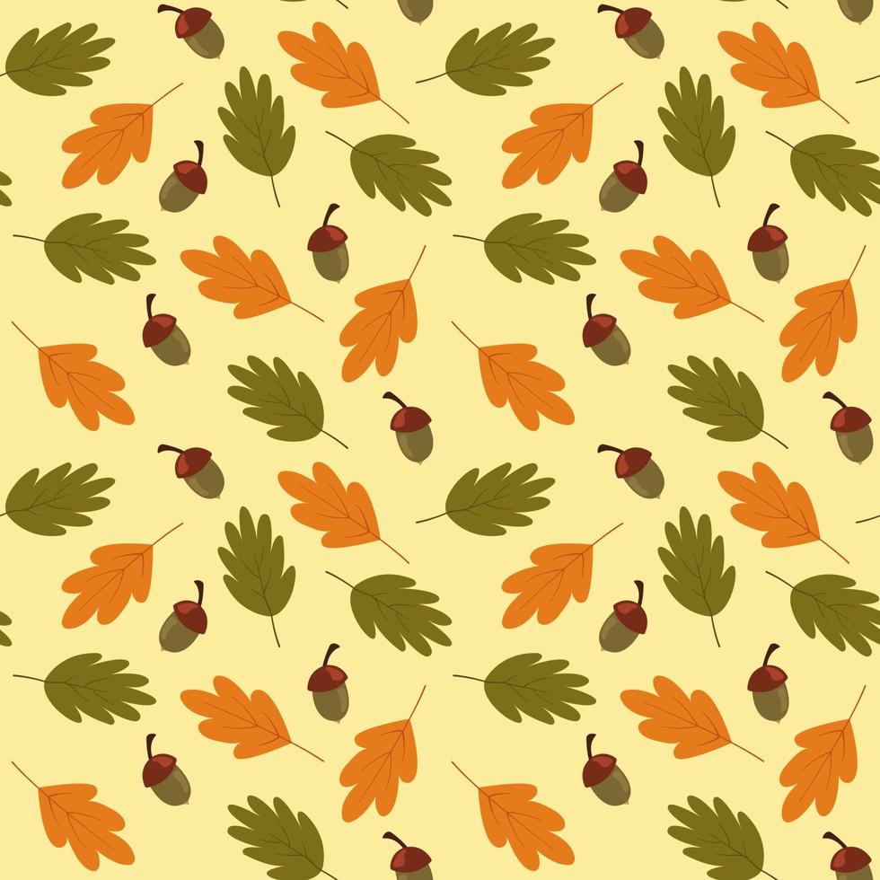 naadloos patroon met eikels en herfst eikenbladeren in oranje, beige en bruin. vectorillustratie. behang, cadeaupapier, webpagina-achtergrond, wenskaart vector