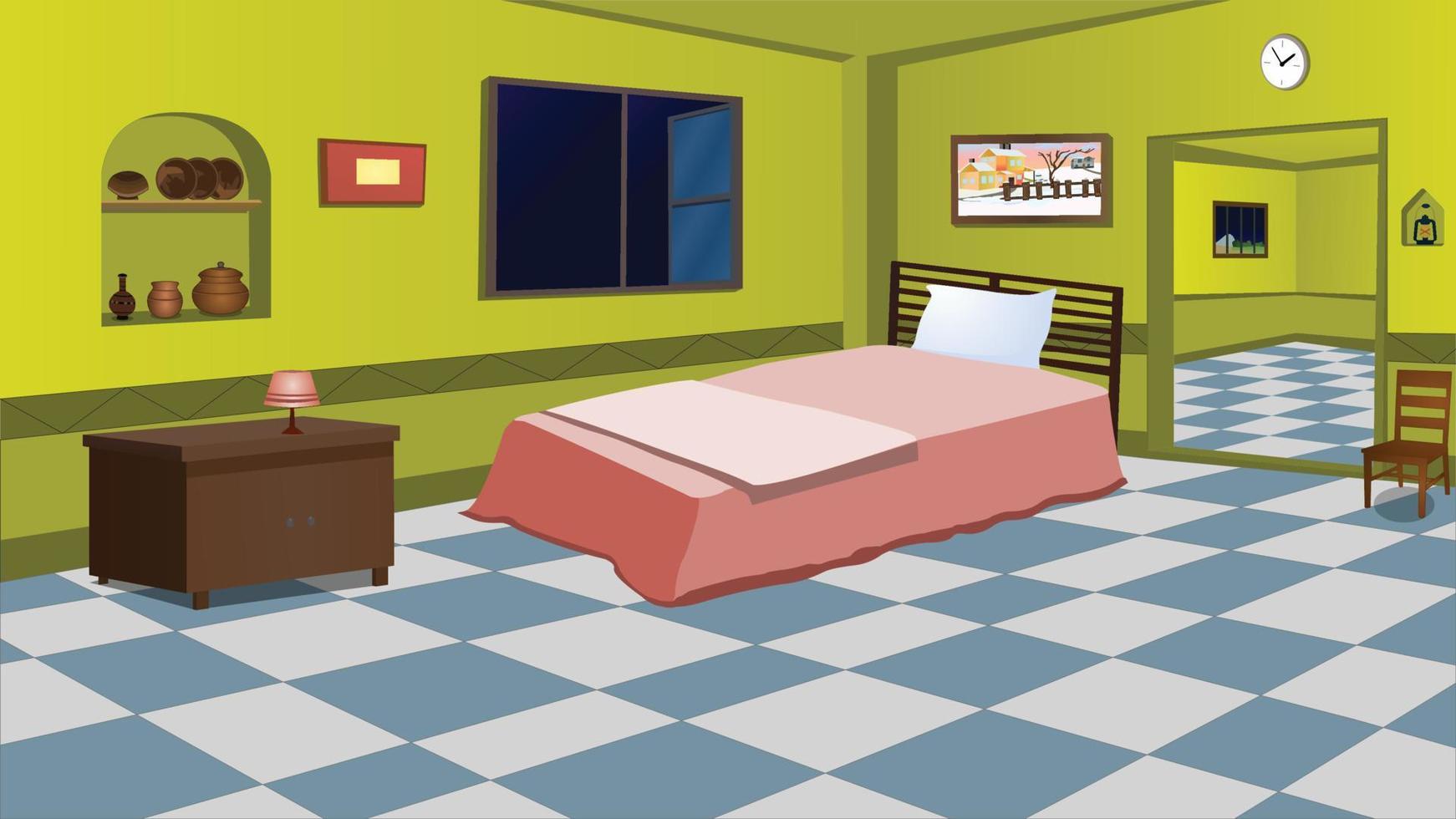 kamer binnen dorpshuis cartoon achtergrond met gezellig bed, tafel, raam, deur, stoel vectorillustratie illustraties. vector