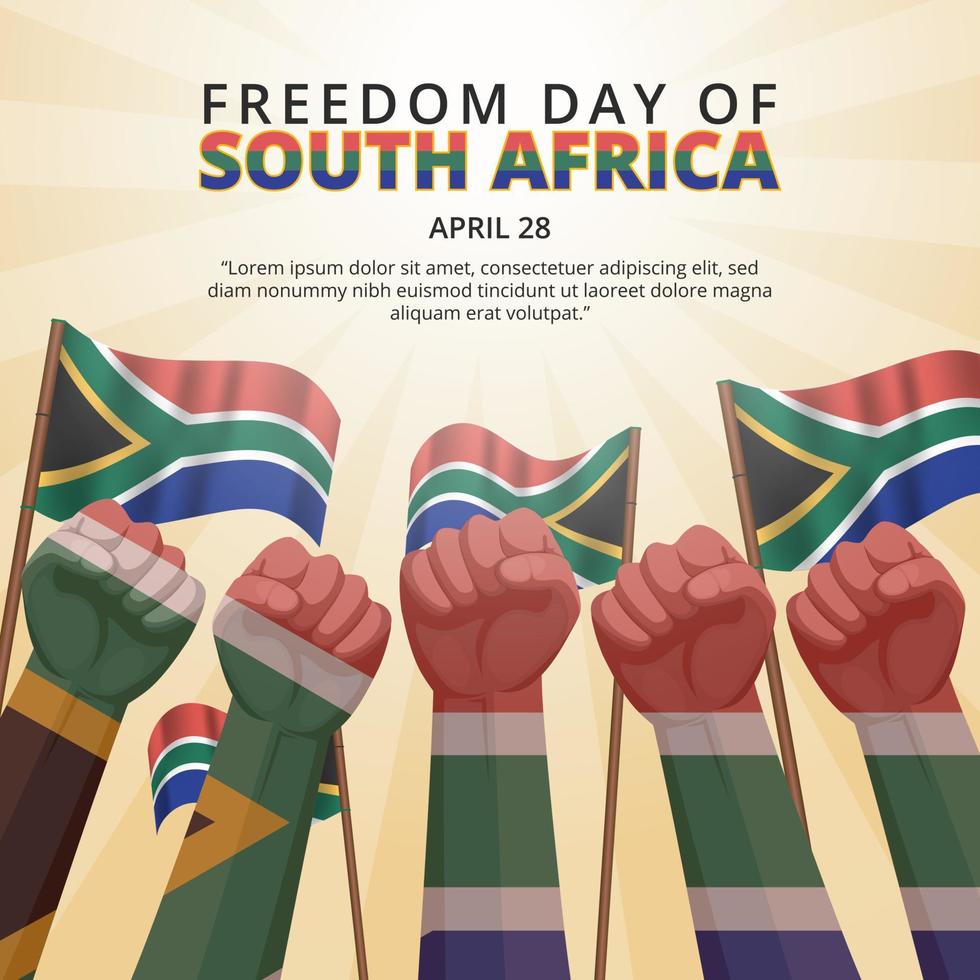vrijheidsdag van Zuid-Afrika achtergrond met pittige opgeheven handen van de mensen en vlaggen vector