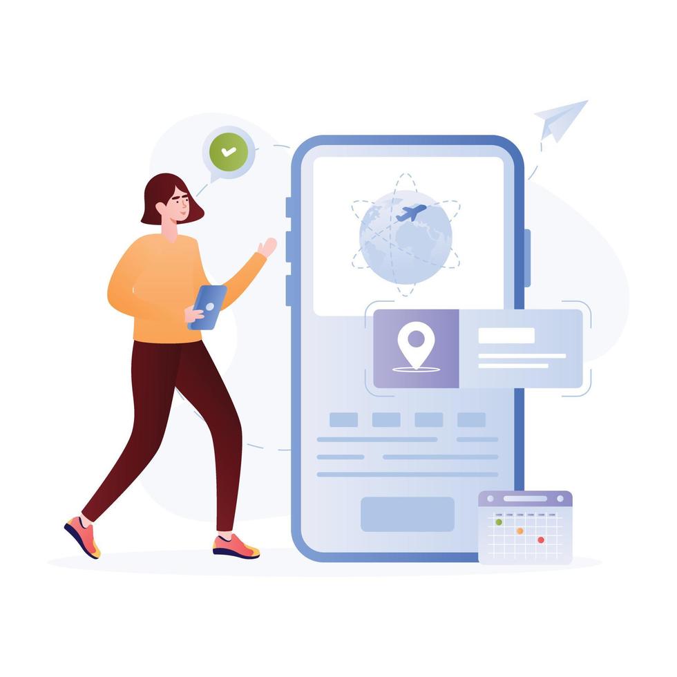 persoon die vlucht boekt vanuit de reis-app, vlakke afbeelding vector
