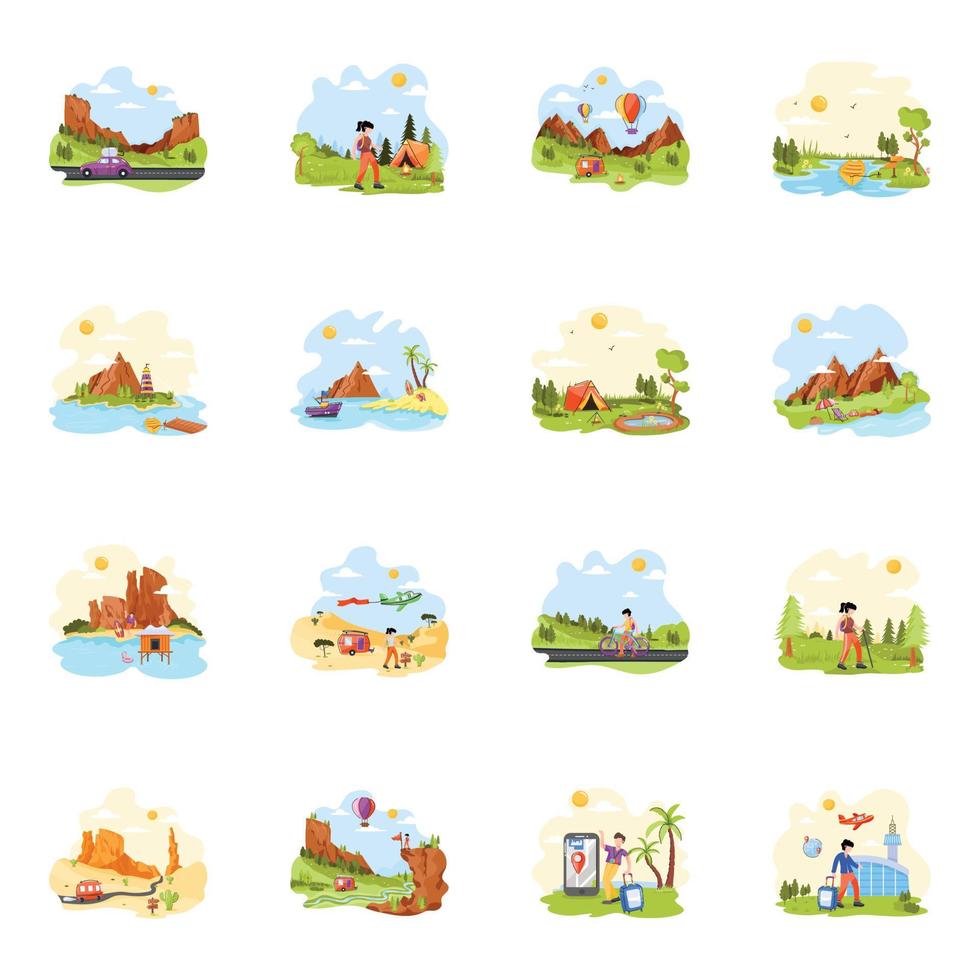 set van reizen platte handgetekende illustraties vector