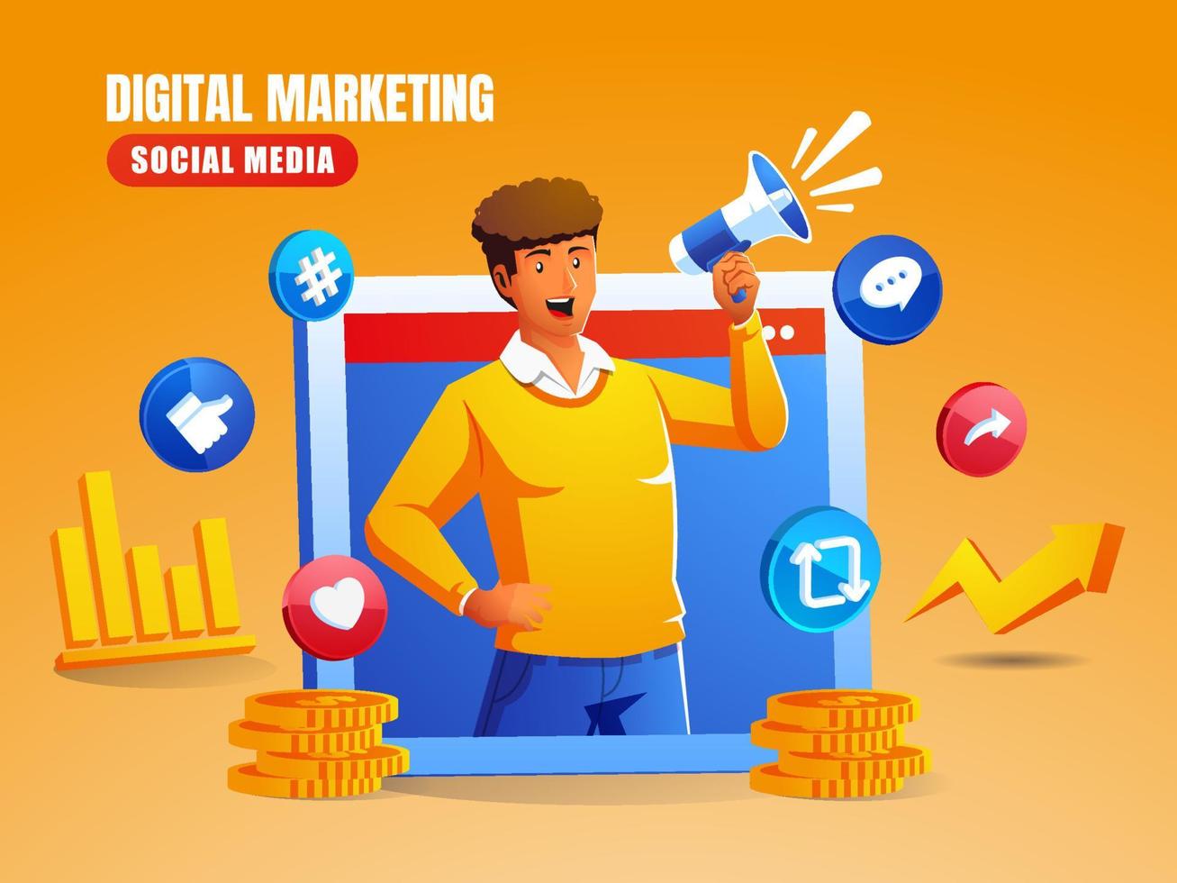 een man die een megafoon digitaal marketing social media concept gebruikt vector