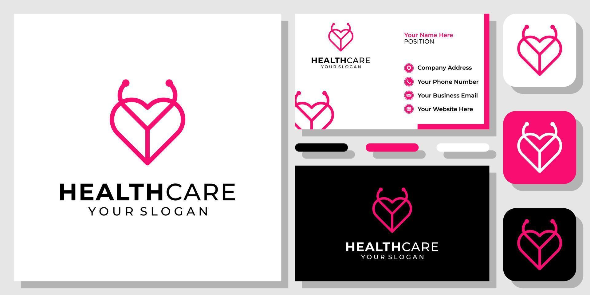 stethoscoop liefde hart gezondheidszorg menselijk medisch ziekenhuis logo-ontwerp met sjabloon voor visitekaartjes vector