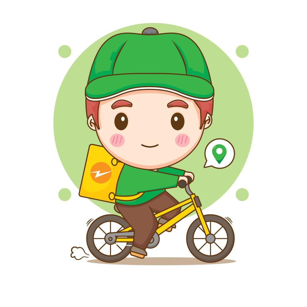 leuke bezorger op de fiets. cartoon afbeelding van chibi karakter geïsoleerd op een witte achtergrond. vector