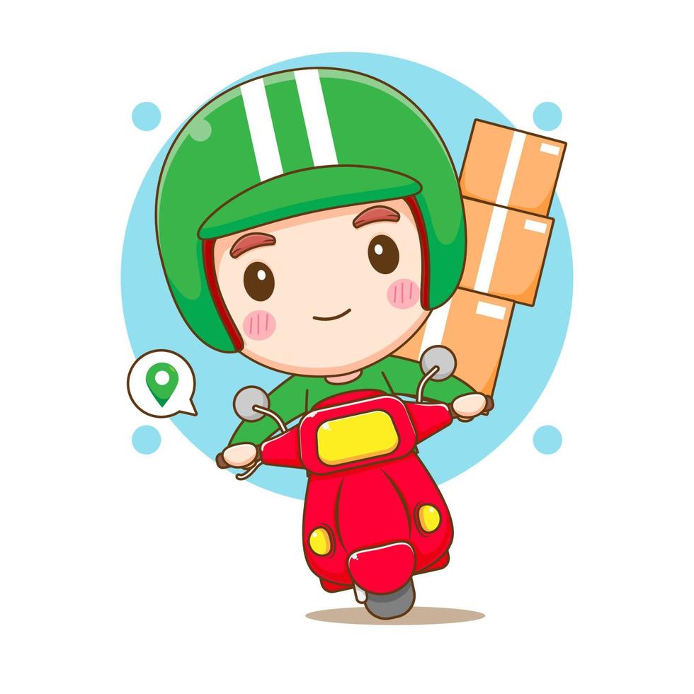 leuke bezorger op een motorfiets met pakketten. cartoon afbeelding van chibi karakter geïsoleerd op een witte achtergrond. vector