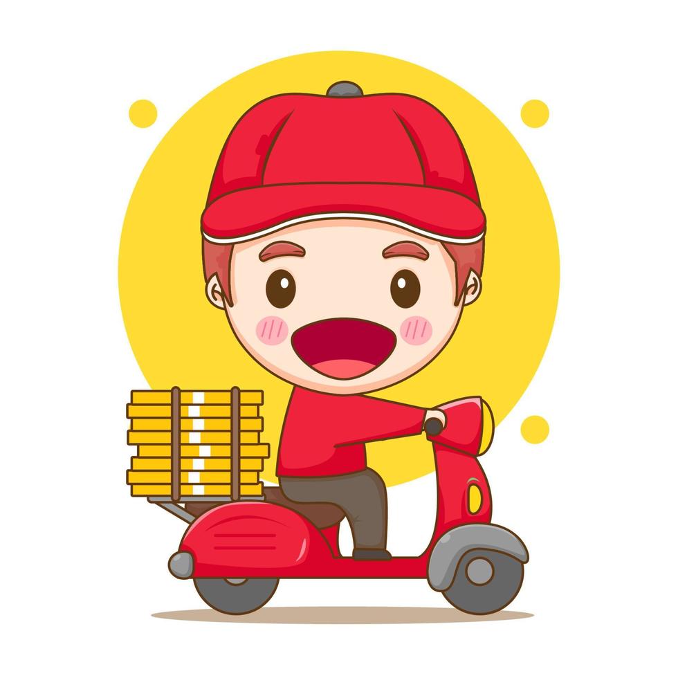 schattige bezorger bezorgt pizza met motorfiets. cartoon afbeelding van chibi karakter geïsoleerd op een witte achtergrond. vector