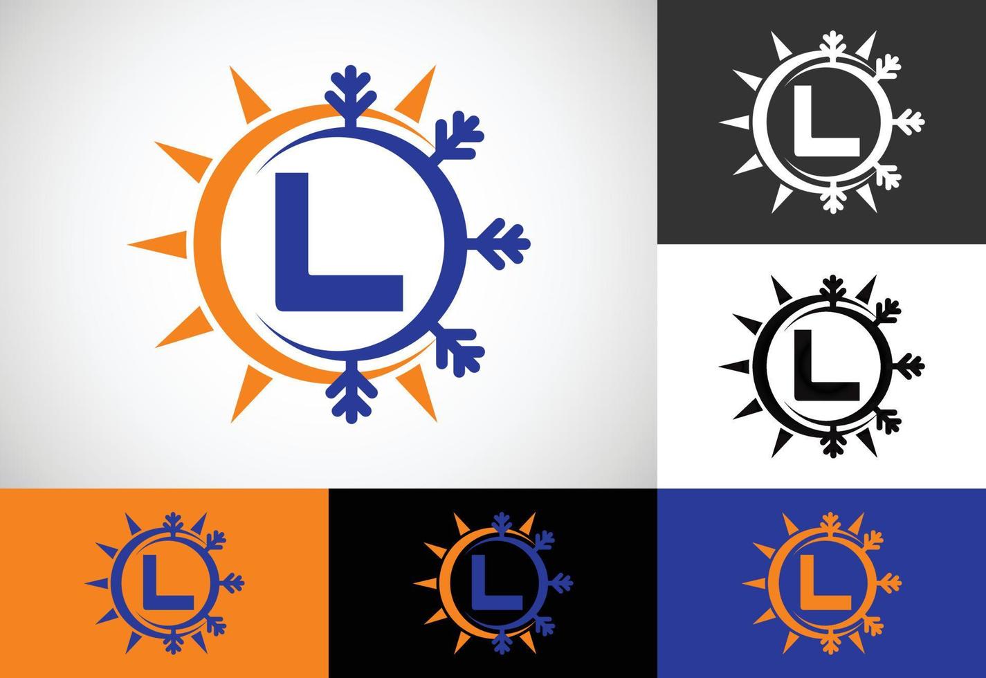 eerste l monogram alfabet met abstracte zon en sneeuw. airconditioner logo teken symbool. warm en koud symbool. vector