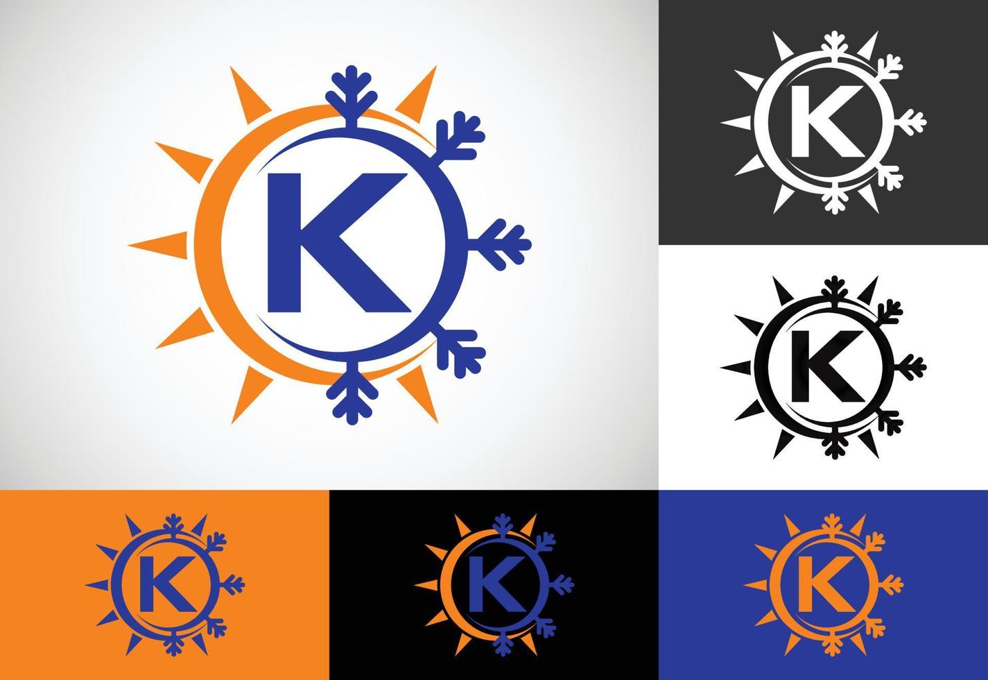 aanvankelijk k monogramalfabet met abstracte zon en sneeuw. airconditioner logo teken symbool. warm en koud symbool. vector