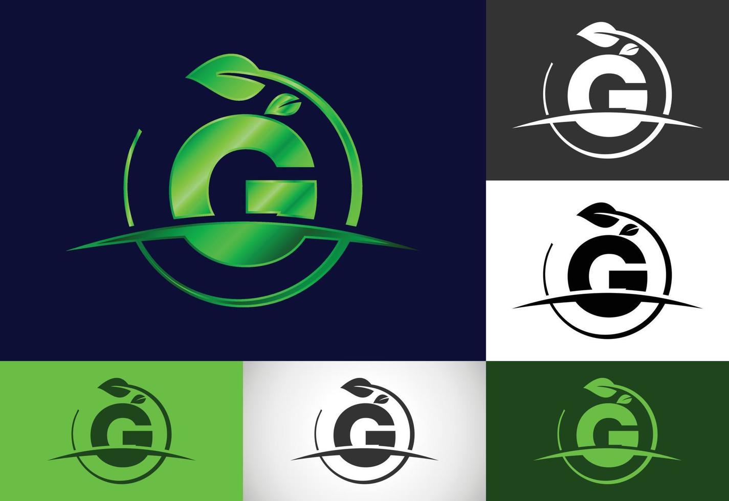 aanvankelijk g-monogramalfabet met cirkelblad en swoosh. milieuvriendelijk logo-concept. modern vectorlogo voor ecologische bedrijfs- en bedrijfsidentiteit vector