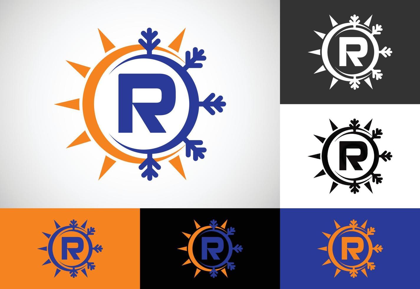 aanvankelijk r-monogramalfabet met abstracte zon en sneeuw. airconditioner logo teken symbool. warm en koud symbool. vector