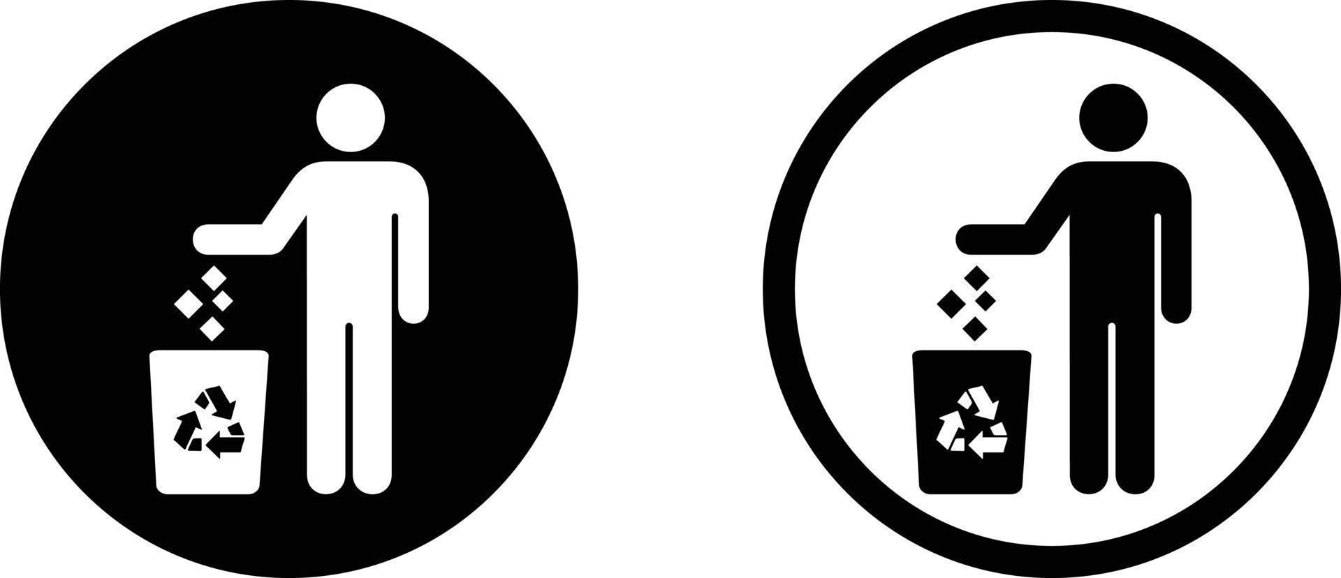 afval in een prullenbak gooien icon set vector