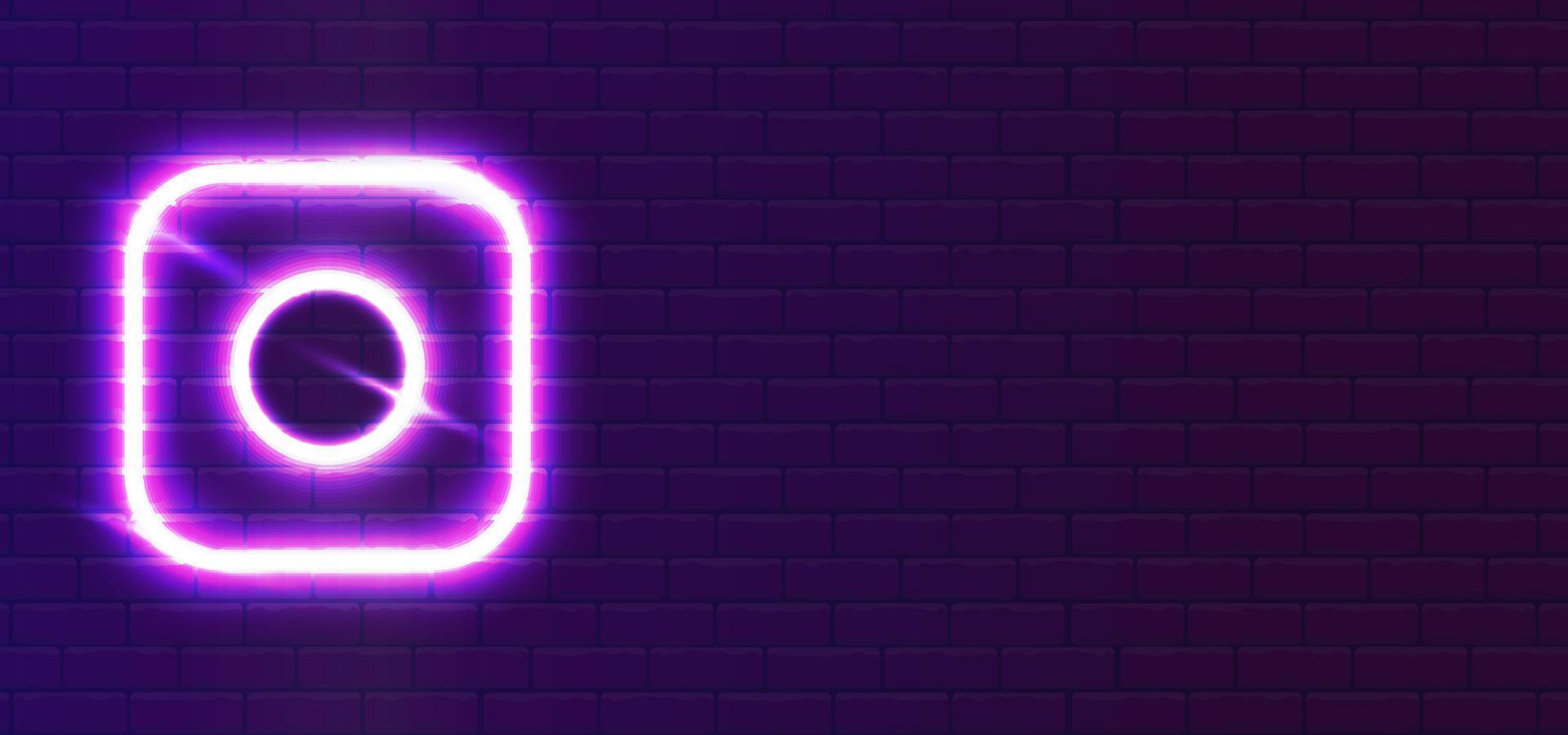 led rood-violette super gloeiende neoncamera, rond en vierkant pictogramtype. realistische neon ronde binnenkant vierkant. ronde vorm op de muur. muur achtergrond. vector