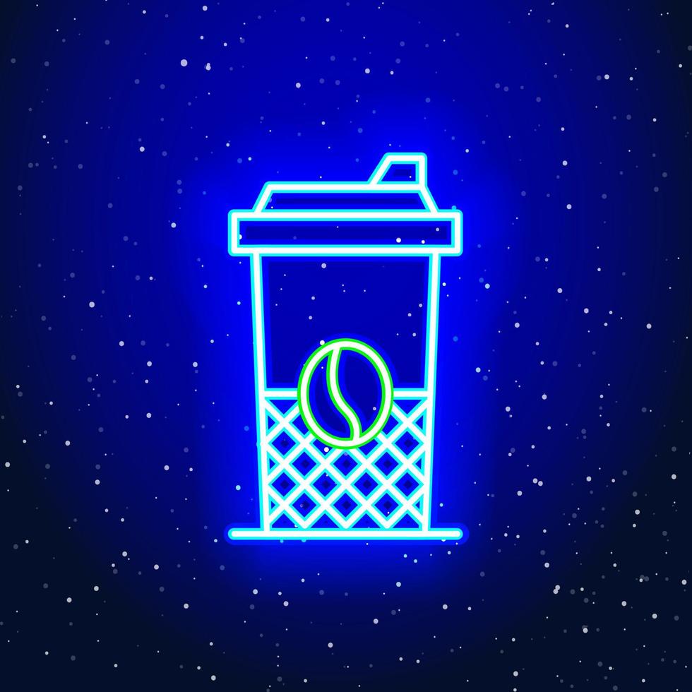 neon blauw koffiemok pictogram ontwerp. koffieboon. papieren koffiemok teken. uniek en realistisch neonpictogram. lineaire pictogram op blauwe achtergrond. vector