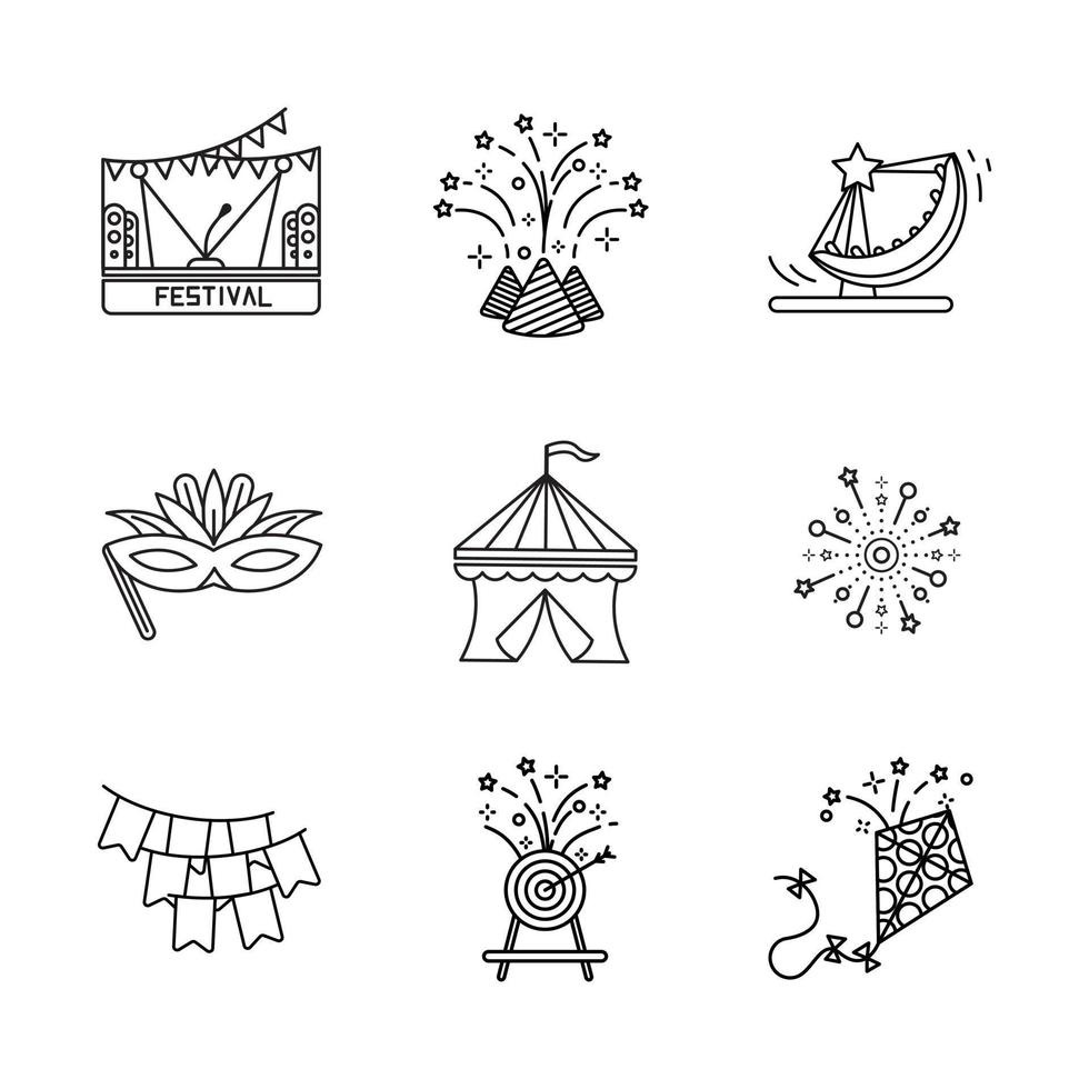 festivalterrein, vlieger, confetti, camping, darts, evenementmasker, podium en ornament icon set. festival en evenement pictogramserie. lineaire pictogramserie. vector