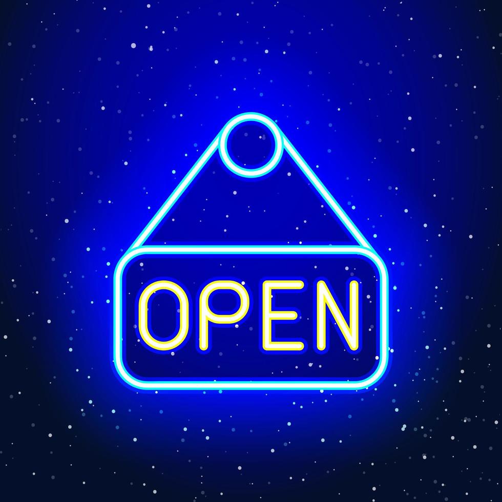 open tekst bewegwijzering pictogram ontwerp met neon blauwe hanger. open winkel en bewegwijzering. touw opknoping uithangbord teken. uniek en realistisch neonpictogram. lineaire pictogram op blauwe achtergrond. vector