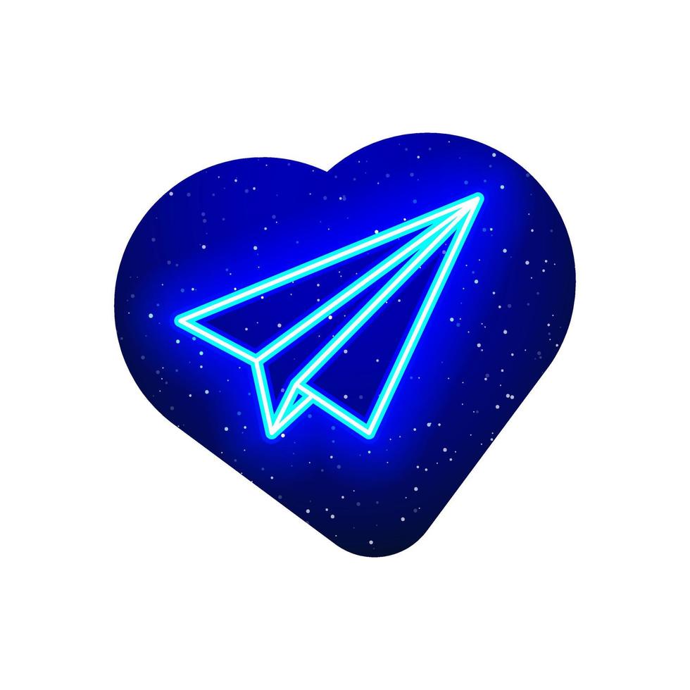 papieren vliegtuigje icoon in neon blauw hart. realistische neon origami vliegtuig lijn icoon. eenvoudig vliegtuig in neonhart. geïsoleerd op een witte achtergrond. vector