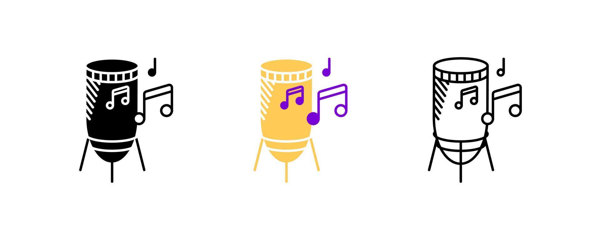 percussie en muzieknoten icon set. entertainment en muziek icoon. set percussie-instrumenten. bewerkbare rij set. silhouet, gekleurde, lineaire icon set. vector