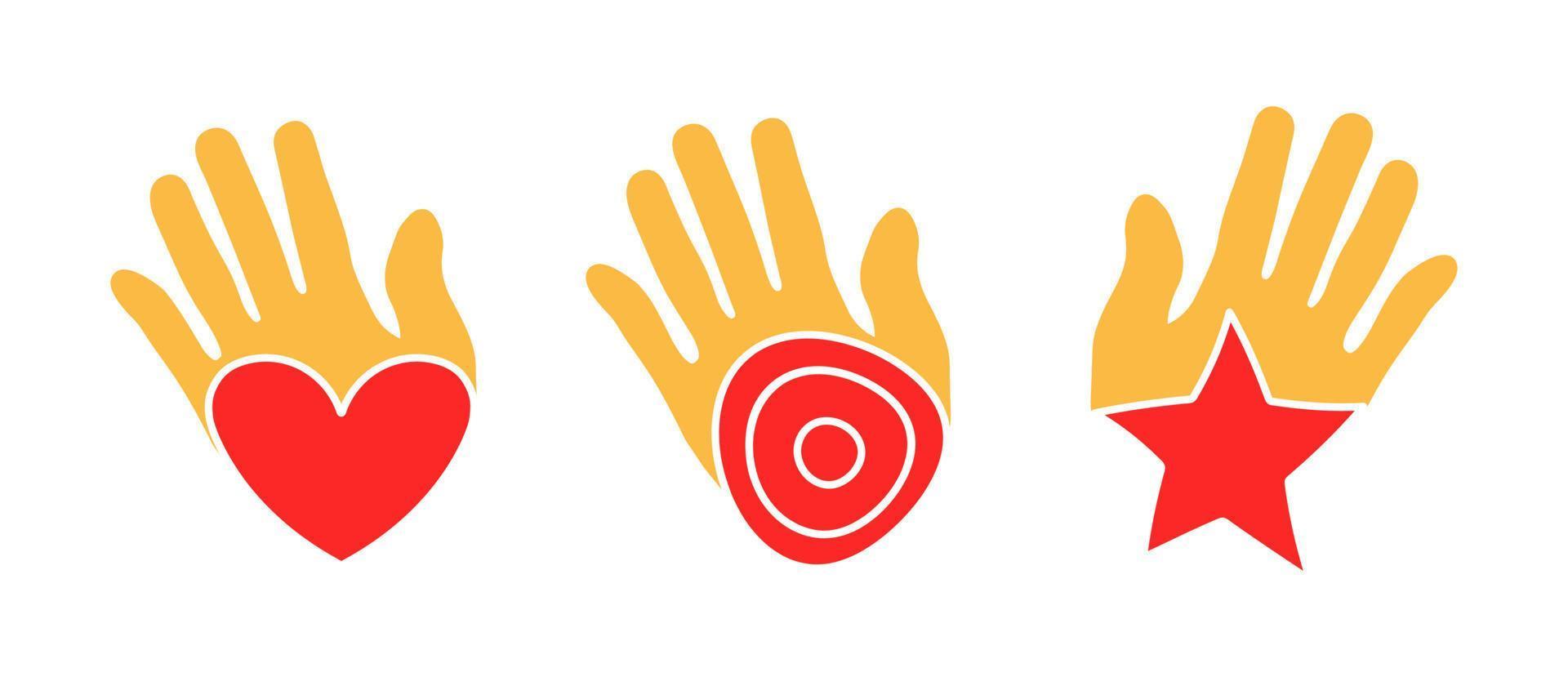 artistiek rood hart in palm, ronde en cirkelvormkaart. huidige hart en ronde teken vector icon set. kleurrijke pictogramserie. logo-web, pictogram ontwerpelement.