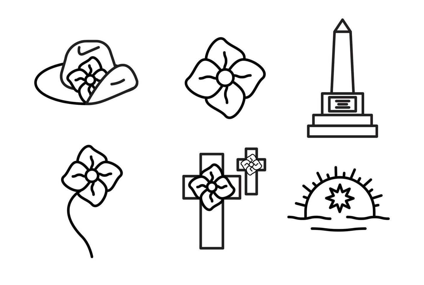 anzac dag ontwerpen pictogramserie. klaproos, gedenkteken, legerpet, badge icon set, bewerkbare lijn. vector