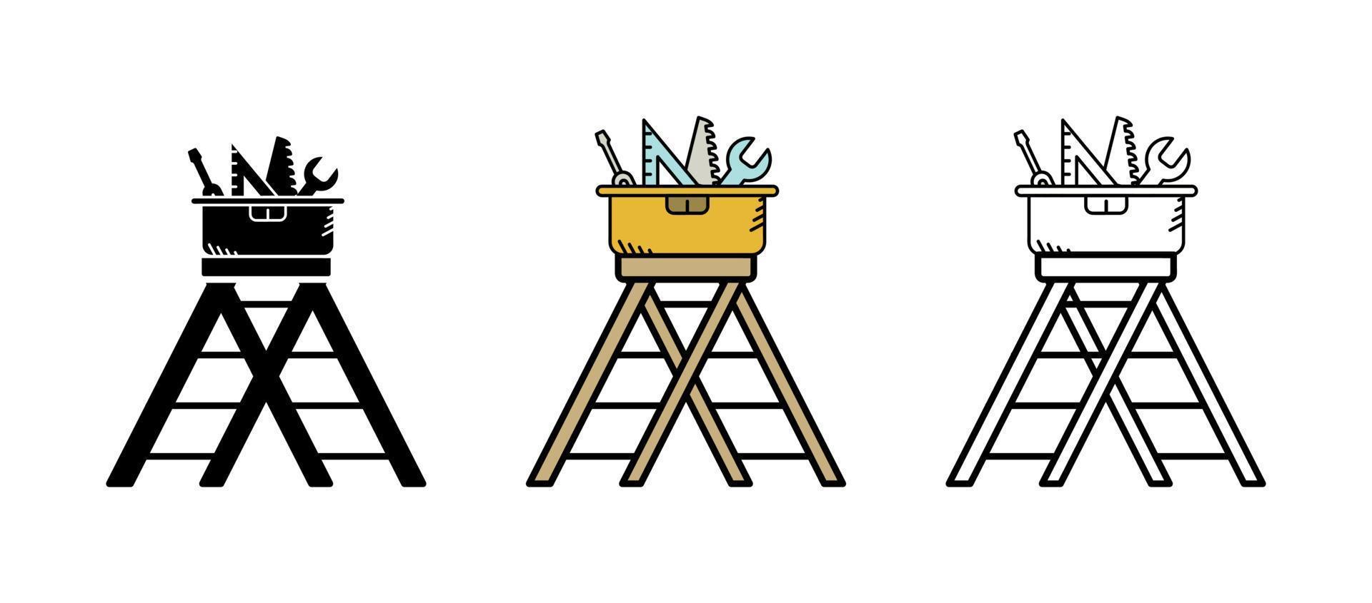 ladder en toolbox pictogramserie. reparatie gerelateerde vector lijn iconen eenvoudige set. bevat symbolen zoals schroevendraaier, ingenieur, technische ondersteuning en meer. bewerkbare streek. set van gekleurd en silhouet.