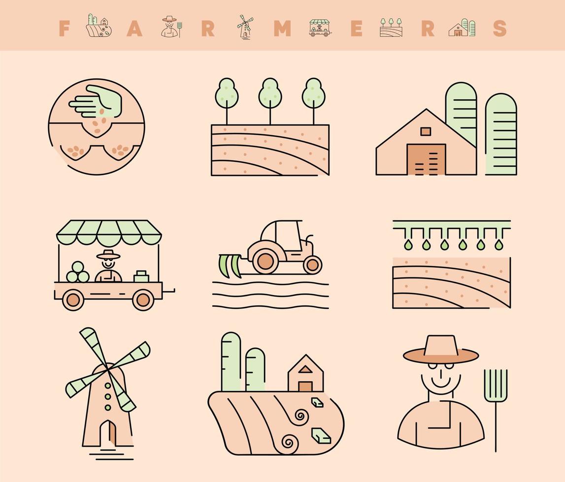 landbouw en landbouw lijn pictogrammen instellen. gekleurde landbouw pictogramserie. vector